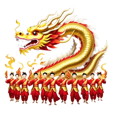 Cinematic Realistic scene of a Chinese Dragon Dance featuring performers energetically holding a vibrant dragon model aloft, with intricately detailed scales and dynamic flowing costumes, illuminated by festive red and gold lighting that captures the spirit of celebration. sticker