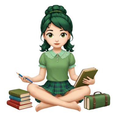 A beautiful girl wears a green lace blouse with short sleeves and a green lace skirt with a plaid pattern. Her long, curly black hair is styled in a messy bun. She holds books and crayons in her hands, and she is barefoot, sitting cross-legged on the floor. The illustration style is pop art. sticker