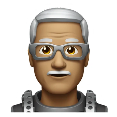 Older Male cyborg head with metallic plated face, brown flat top haircut, glasses and circuitry sticker