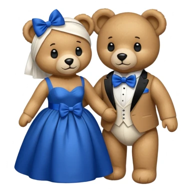 Teddy bear wearing white wedding dress holding the hand to another teddy bear wearing a big royal blue bow tie. The one with the white dress has no bows sticker