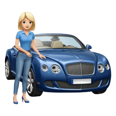 A heavy set middle aged blond lady in blue jeans washing a black Bentley car. show the full car and the lady next to it. show the face smaller and the person standing beside it...use the  sticker