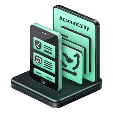 Responsabilité Administrative (Administrative Responsibility), 3D technical icon with black and mint green (#B5F4D3), accountability framework with compliance metrics and procedural safeguards sticker