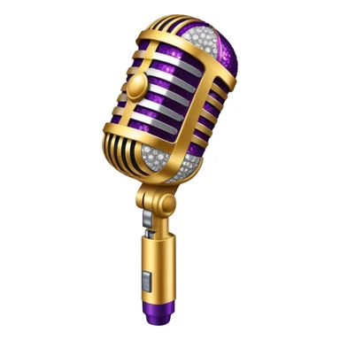 Create a glamorous and vibrant emoji representing stage vocal performance. The design should feature a classic vintage microphone at the center, surrounded by an eye-catching stage costume covered in rhinestones, sparkling brightly. The costume should be stylized, with glittering elements like sequins and sparkles, and reflect the glitzy, extravagant nature of show business. The microphone should have a sleek, retro look with chrome or metallic accents. Use rich, dazzling colors like gold, silver, deep purple, and bright red to evoke the glamorous, larger-than-life feel of a stage performance. The background should be transparent. sticker