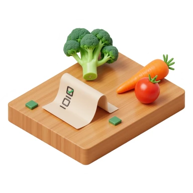 carrot tomato brocoli on the wooden cutting board with floating rolled paper list with checkbox sticker