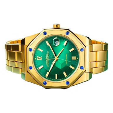 Minimalist white hand outline cradling a hexagonal prism refracting golden light into a scene of a luxury watch on a marble desk, deep emerald (#1A5F3F) and sapphire (#0F52BA) gradient background, prism facets glowing with metallic gold (#D4AF37) edges, soft shadow play, cinematic luxury vibe sticker