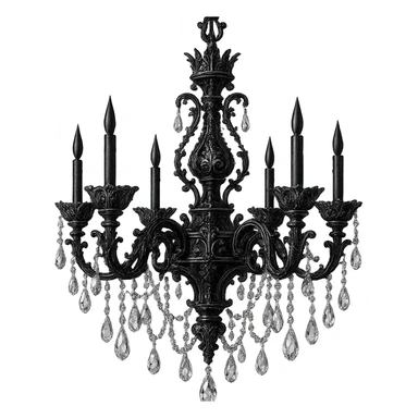 gothic chandelier with crystals, black and silver, ornate and dramatic, no background sticker