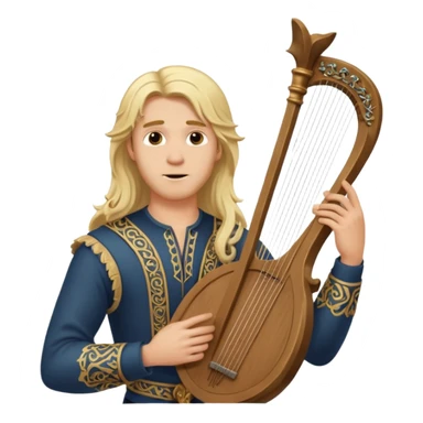 Man with long blonde hair looking overconfident holding a lyre sticker