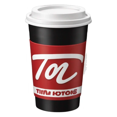 “Red Tim Hortons coffee cup with bold white script logo, black plastic lid, and smooth, minimalist design.” sticker