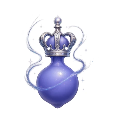 final ultra-luxurious very small elixir bottle inspired by a crown: crown shape on top, color #7986cb, bottom merges seamlessly into a rounded, closed bottle (not flat or glass-like), the whole bottle looks like it's floating and swirling in the air, elegant silver and iridescent details, magical glowing and sparkling effects, very small neck, seamless rounded bottom, transparent background, no base or shadow, modern, luxury collection style, even smaller bottle proportions sticker