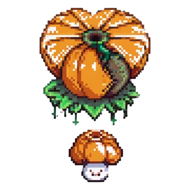 heart split in half with a mushroom motif on one side and a pumpkin motif on the other, pixel art style sticker