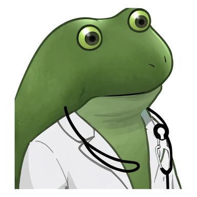 bufo frog wearing a white doctor's coat, sad eyes looking directly at the camera sticker