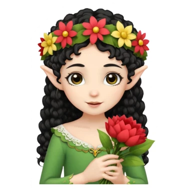 tiny Elf with Flower Crown, curley hair black, with flower bouquet sticker