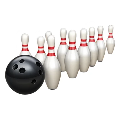 A bowling ball rolling down the lane towards a set of pins, with the pins poised to fall. The scene is set in a bowling alley with bright lights and a polished wooden floor, capturing the excitement and precision of the sport. sticker