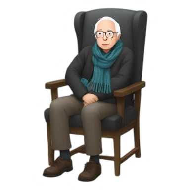 Bernie sanders sitting in chair with legs and arms crossed wearing a scarf sticker