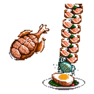Pixel art protein explosion with chicken breast, steak, salmon, and egg shooting upward from bottom, with sparkle effects, DNA pixel animations around them, and simplified muscle figure outline in background sticker