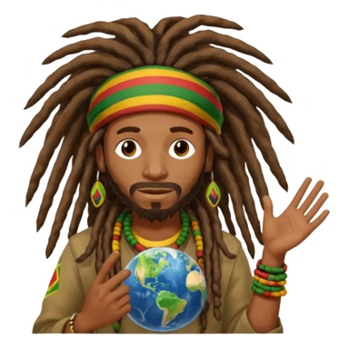 A rasta man bigging up di whole world 🎯🌍👊🏾👊🏻👊🏿🌍🎯 reggae vibes 🎶, love and unity ✨💛💚❤️, every nation stand strong 🇯🇲🌐 with the world in his hand fully of energy and it's obvious reggae music heals the soul maybe put it in text above his heard sticker