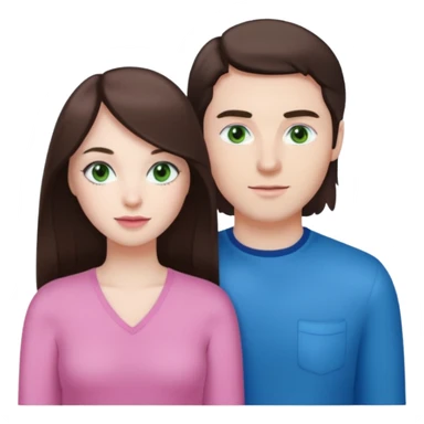 pink polaroid photo of a couple thats white with long brunette hair blue eyes and a white guy with short brunette hair and green eyes sticker