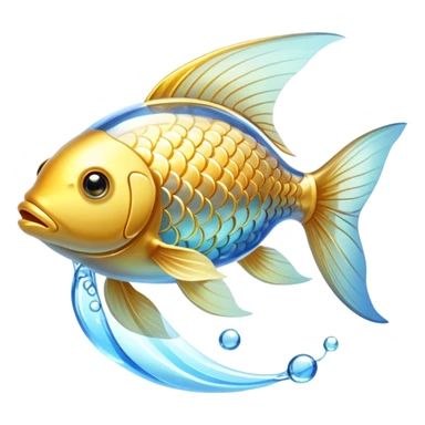 Ethereal golden fish with translucent glowing scales transforming into or carrying a shining golden omega-3 capsule. The fish appears magical and flowing, with streams of light connecting it to the capsule. Both elements emit a soft radiant glow in a dreamy atmosphere with subtle blue undertones. sticker