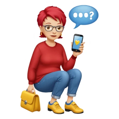 An old lady with red hair, wearing a red shirt, blue jeans, yellow shoes walking in a park holding a cell phone with a text bubble that says Have you checked in to the meetup? sticker