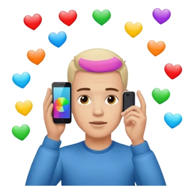 a guy holding 1 smartphone with both hands, smarphone should be horizontal, on top of his forehead sticker