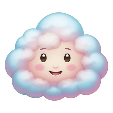 Cinematic round pastel cloud, soft puffy texture, gentle glowing edges, tiny happy face with blushing cheeks, floating in a dreamy sky, warm and magical. sticker