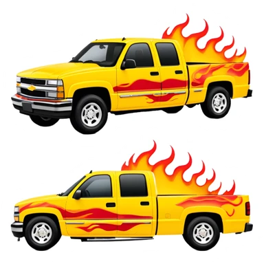 Yellow 1997 Chevrolet C-2500 Crew Cab Silverado with airbrushed red flame artwork on the hood and front fenders, custom painted flames like in Kill Bill movie, 30-degree view, iOS emoji style sticker