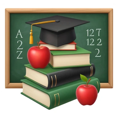 An icon featuring a chalkboard with educational equations, an apple, and a pencil, symbolizing pedagogy. The design includes a stack of books and a graduation cap, representing teaching and learning. Transparent background highlights the dedication to education and mentorship. sticker