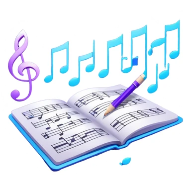 Emoji that represents music track writing. The design should feature a music composition sheet with musical notes and song lyrics, a digital audio workstation (DAW) interface or soundwaves, and a pencil or pen to symbolize the writing process. Add a touch of technology with subtle elements like sound mixing sliders or waveform graphics. Use a blend of vibrant and inspiring colors, such as electric blue or neon purple, to evoke a sense of creativity and innovation. The background should be transparent. sticker