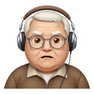 Very chubby brown old man with medium white hair, wearing glasses and headphones, looking surprised and angry, no facial hair, round full cheeks, double chin, looking to the upper left corner sticker