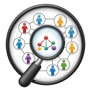 An icon featuring a network of interconnected people, a magnifying glass, and a chart, symbolizing sociology. The design includes diverse figures and social patterns, representing the study of society, behavior, and social structures. Transparent background highlights human interaction sticker