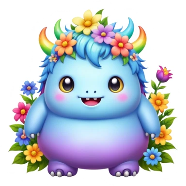 Kawaii derpy fat rainbow monster surrounded by magical flowers, rich textures, visually rich, so lifelike that it feels like it could leap off the page at any moment sticker