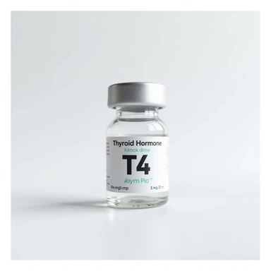 Close-up hyperrealistic 4K image of laboratory vial labeled 'Thyroid Hormone T4' on white background with neutral lighting and detailed texture sticker