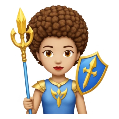Emoji metisse femboy mais plus masculin avec drapeau ukrainien arriere plan, un afro, sourcils rouge, fourche trident, et eclairs et sur fond bleu clair irrisé. Peau lightskin, yeux marron et cheveux marron bouclés mais en mode afro pixi cut sticker