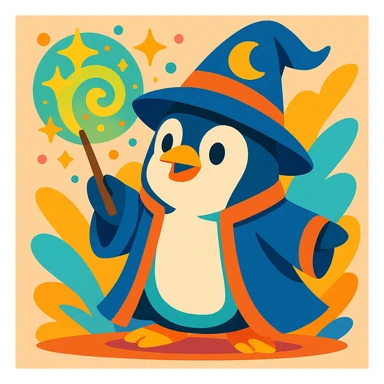 penguin wizard casting a spell with glowing effects, whimsical style sticker