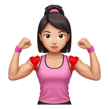 Athletic Asian girl show biceps wearing pink sticker