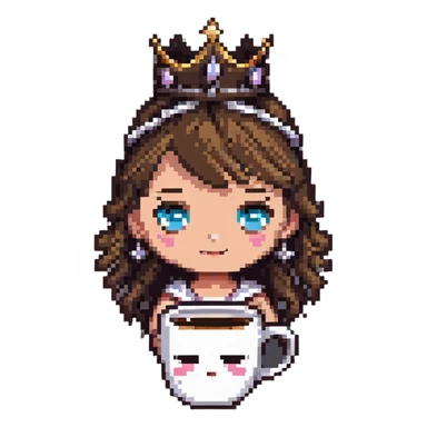 coffee mug with expressive eyes, tiara, and ballet costume in pixel art style sticker