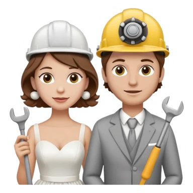 bride and groom couple, both with brown hair, bride has curlers in her hair, both wearing construction helmets and flats, groom holding a tool, emoji style sticker