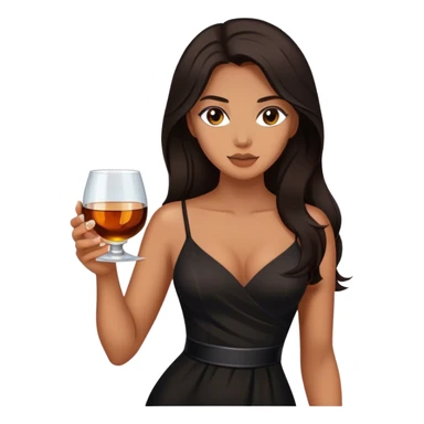 Beautiful woman in 1950’s woman fashion look, black dress, long dark brown hair, whisky with ice sticker
