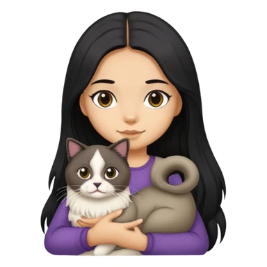 A girl with long black hair holding a seal-colored ragdoll cat sticker