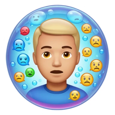Realistic emoji-style man trapped inside a glowing filter bubble. The bubble contains identical social media icons and repeating content symbols. Outside the bubble are colorful diverse icons he cannot see. The man looks comfortable but unaware, expressing narrow perspective. sticker