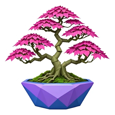 Futuristic wild alien moss maples Bonsai hair-fine-leaf group crimson crystal azalea purple and cream pink blue forest planting in shallow origami style pot  sticker