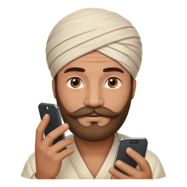 A man wearing imama sharif (traditional turban), with a beard and moustache, using a smartphone. The man looks focused while using the mobile. Realistic emoji-style illustration with soft lighting and warm tone sticker