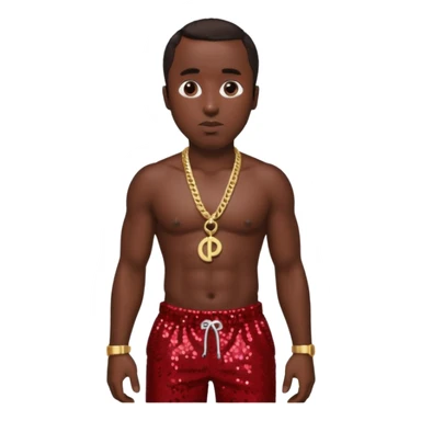 P Diddy with dark brown hair, dark red sequin baggy pants, shirtless with necklace sticker