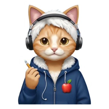 cat in headphones, in a dark-blue almost black oversized hoodie with a cigarette in his hand, more apple-like emoji  sticker