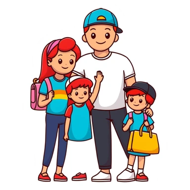 A happy family of four - father in white t-shirt and cap, mother with red hair in coral dress, young daughter in matching dress with rainbow handbag, teenage son in light embroidered shirt, all smiling together sticker