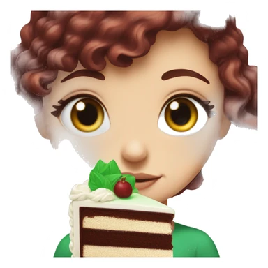 a white girl with burgundy wavy hair and black eyeliner and green eyeseating a huge piece of chocolate cake  sticker