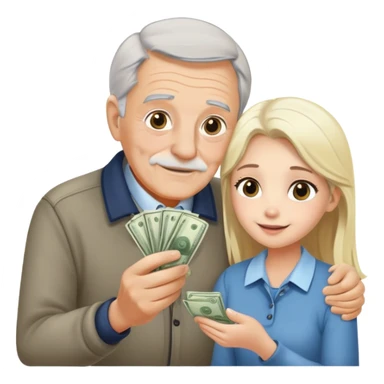 Kind elderly grandfather with gray hair giving money to a pretty blonde young woman who needs financial help, supportive family moment sticker