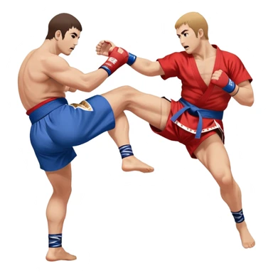 An icon symbolizing Sambo, featuring two fighters in blue and red kimonos with shorts and wrestling shoes. One executes a powerful throw, while the other attempts a defensive grab. The fighters are engaged in a grapple, using joint locks and sweeps.  sticker