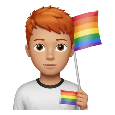 A gay, ginger, young, freckled, boy with a shirt with the name JUDE on it in red marker, holding a pride flag sticker