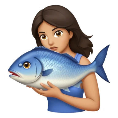 Annoyed Brunette Woman carries huge fish sticker